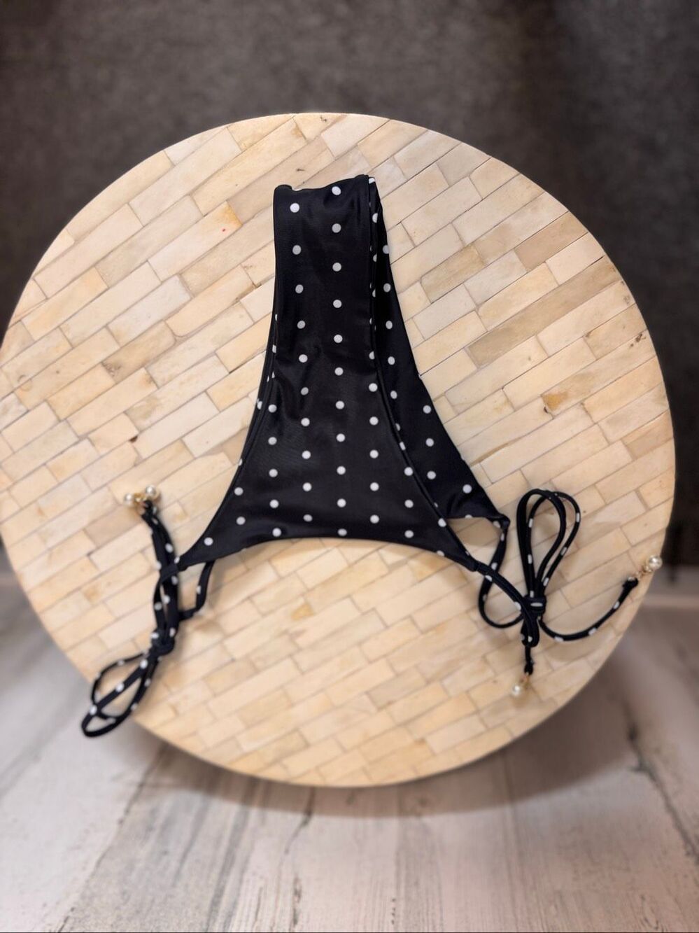 Polka Dot Side Tie Cheeky Bikini Bottoms Womens XS Black White Faux Pearl Charms